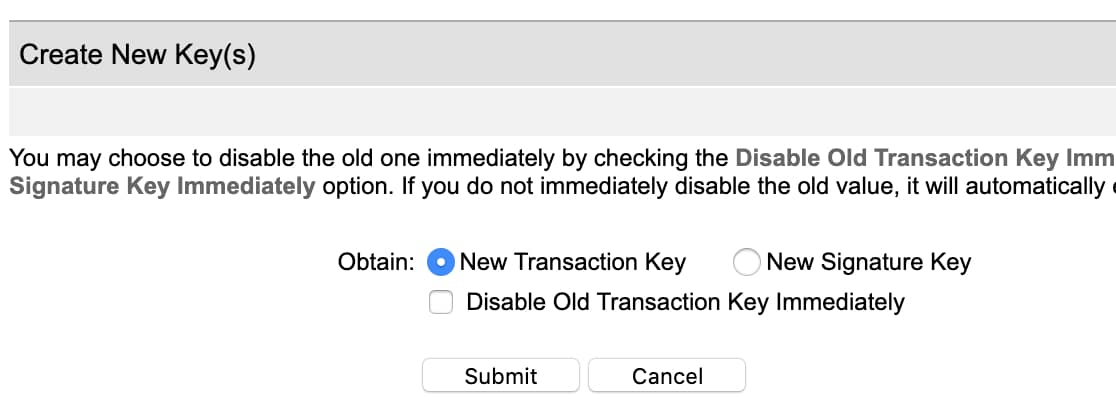 Create new transaction key in Authorize-Net account